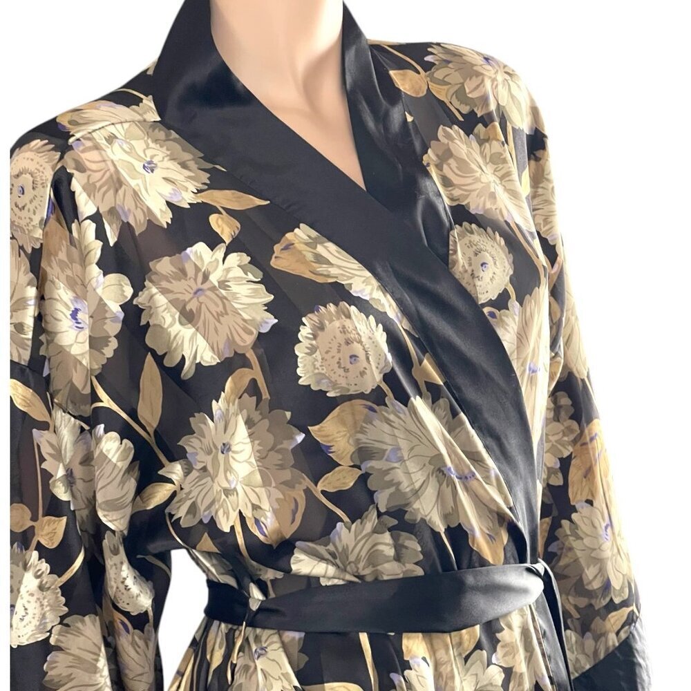 Vintage Judith Hart Black Floral Semi Sheer Maxi Long Robe Kimono Sleeve - Picture 7 of 12